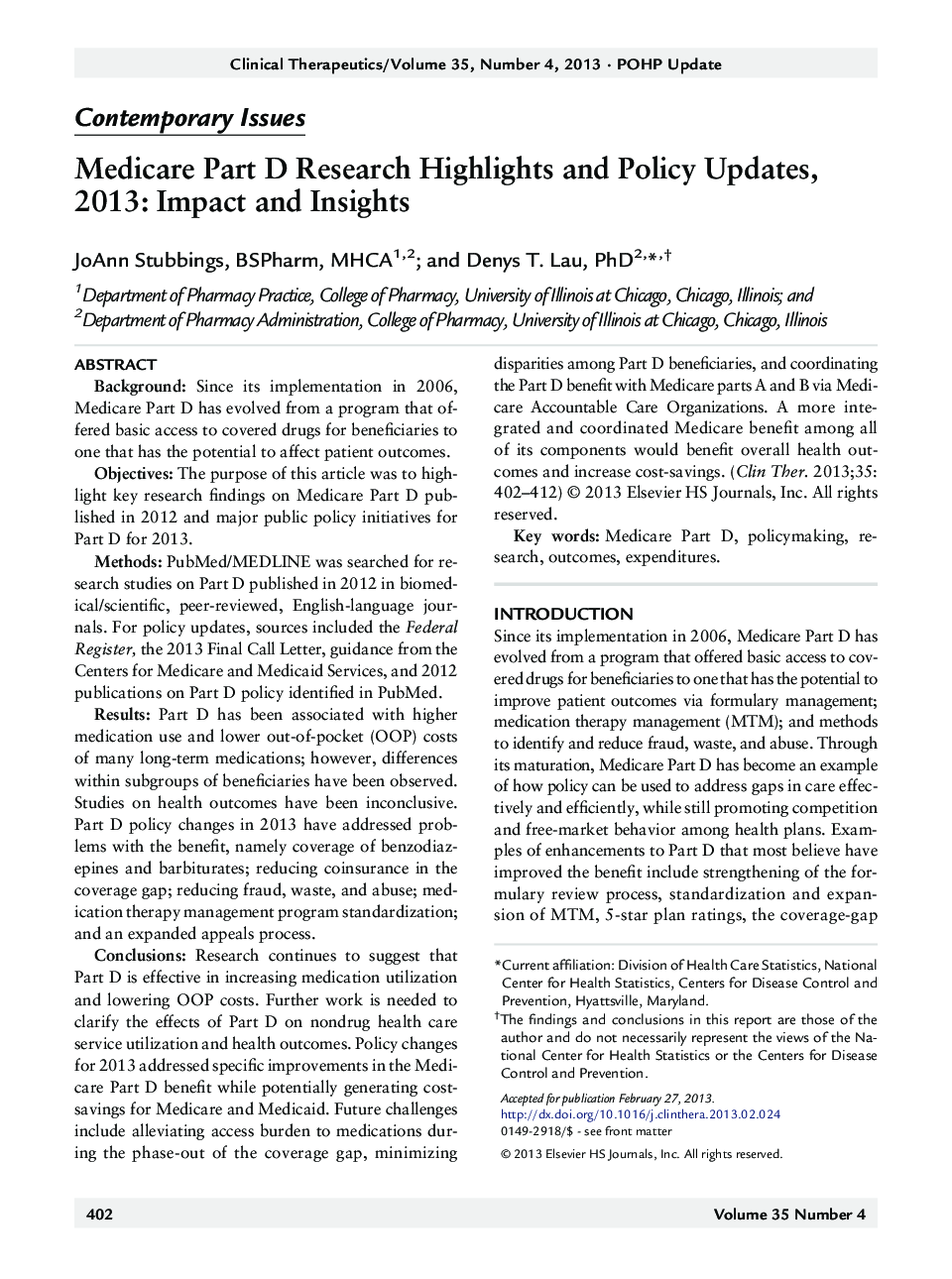 Medicare Part D Research Highlights and Policy Updates, 2013: Impact and Insights