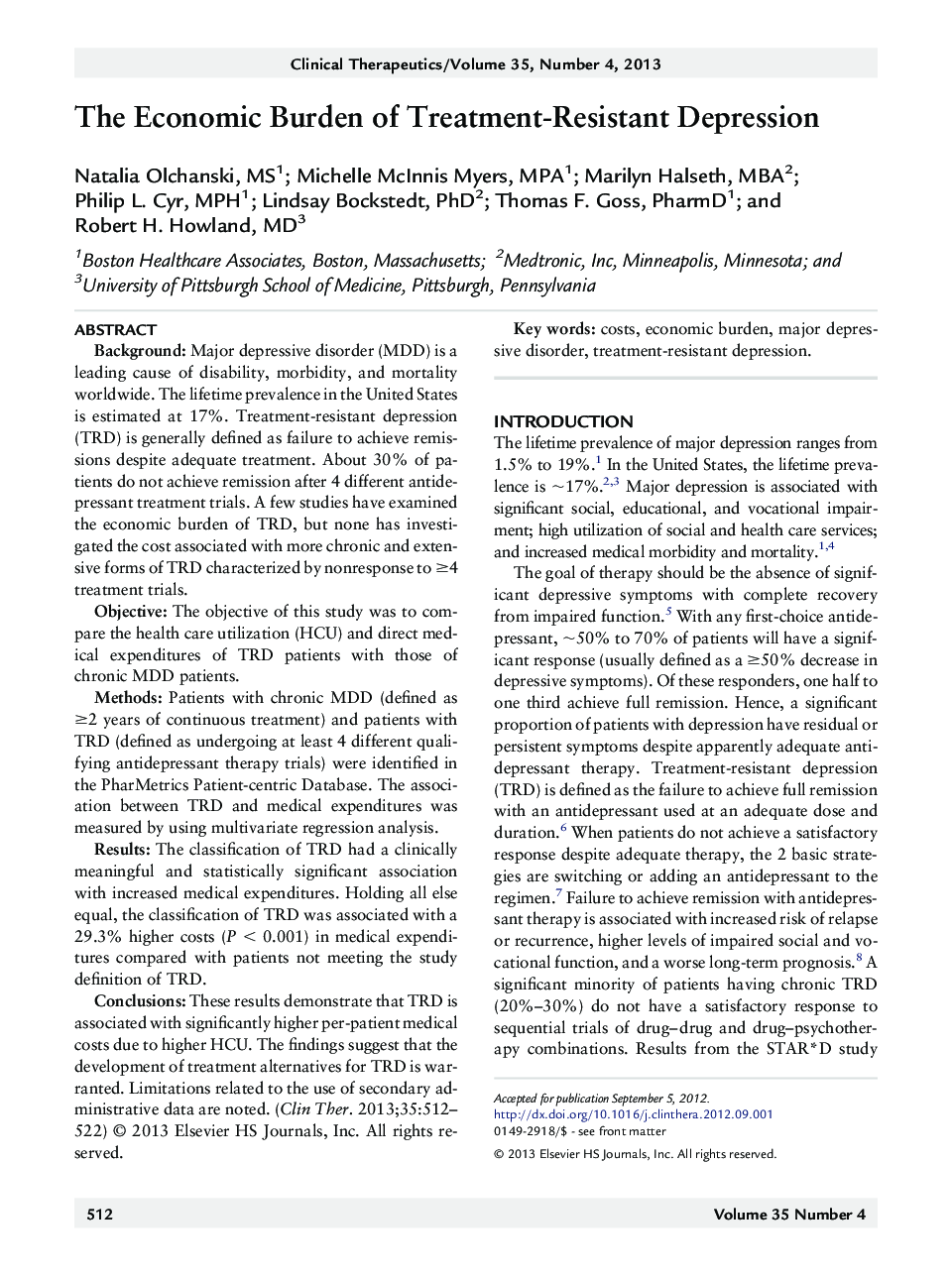 The Economic Burden of Treatment-Resistant Depression