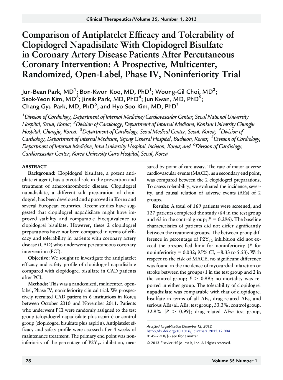 Comparison of Antiplatelet Efficacy and Tolerability of Clopidogrel Napadisilate With Clopidogrel Bisulfate in Coronary Artery Disease Patients After Percutaneous Coronary Intervention: A Prospective, Multicenter, Randomized, Open-Label, Phase IV, Noninfe