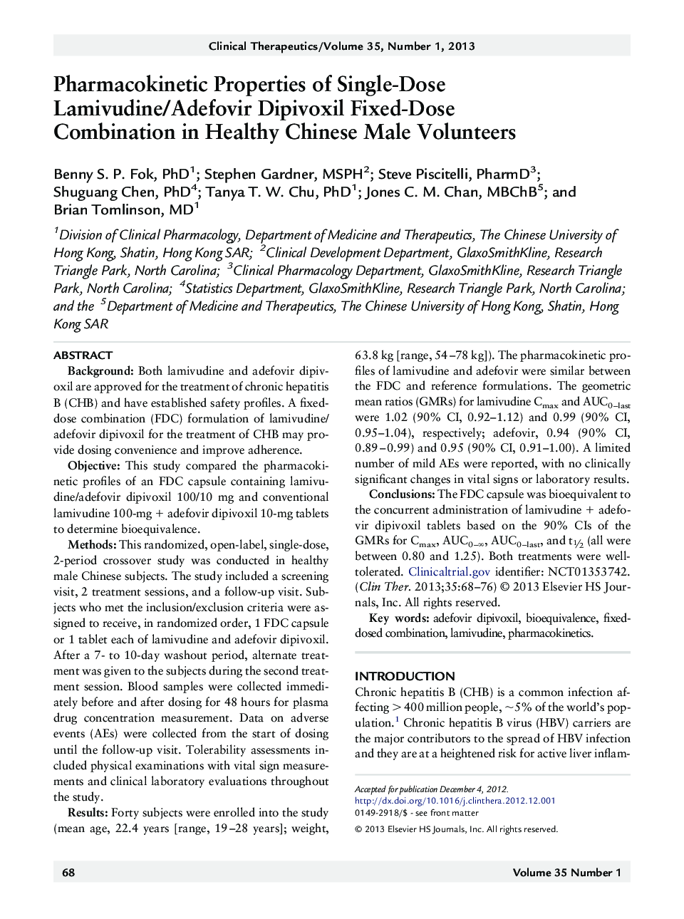 Pharmacokinetic Properties of Single-Dose Lamivudine/Adefovir Dipivoxil Fixed-Dose Combination in Healthy Chinese Male Volunteers