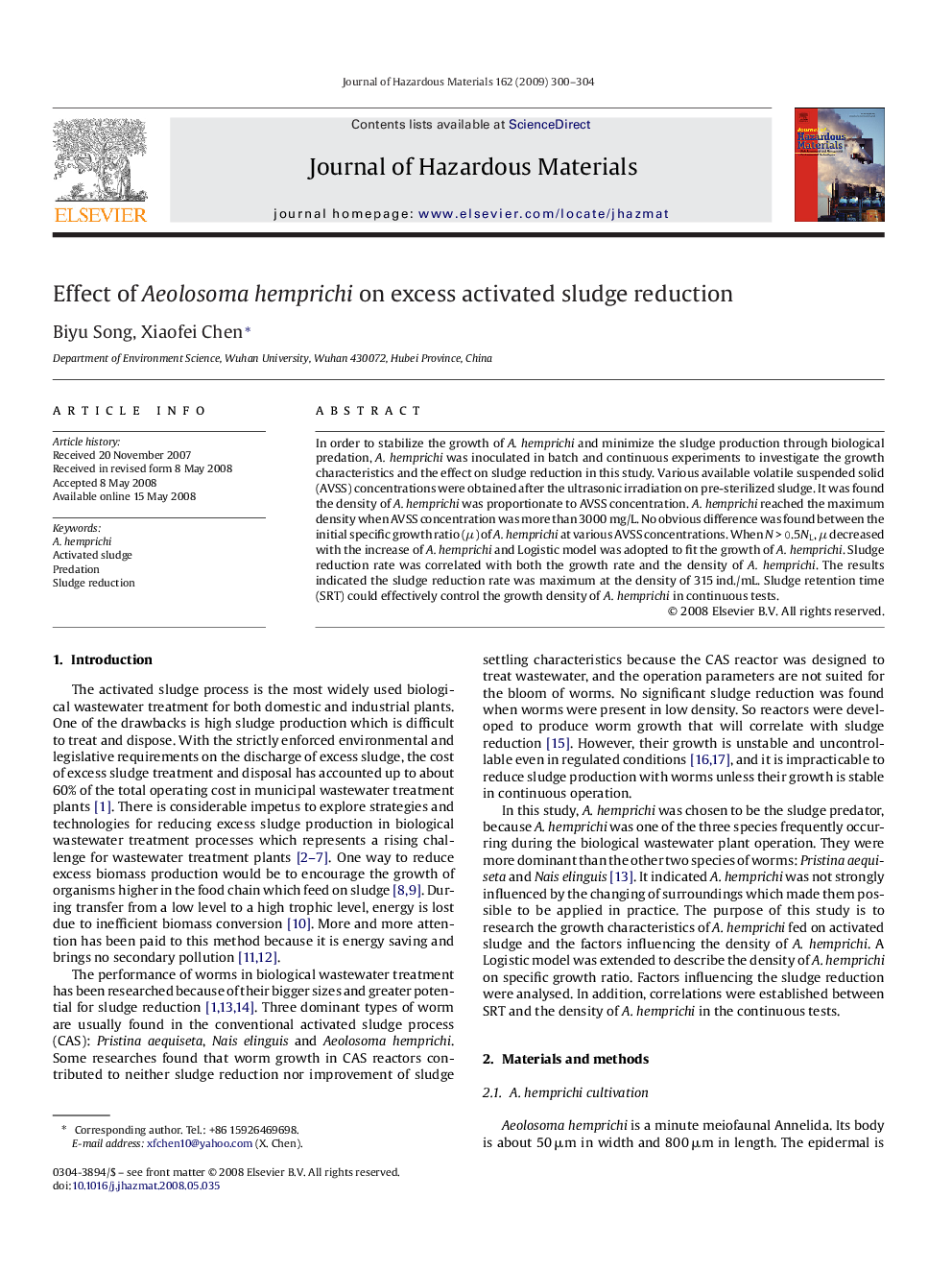 Effect of Aeolosoma hemprichi on excess activated sludge reduction