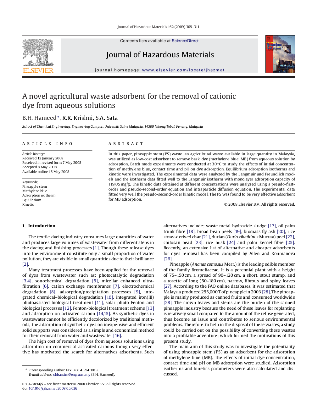 A novel agricultural waste adsorbent for the removal of cationic dye from aqueous solutions