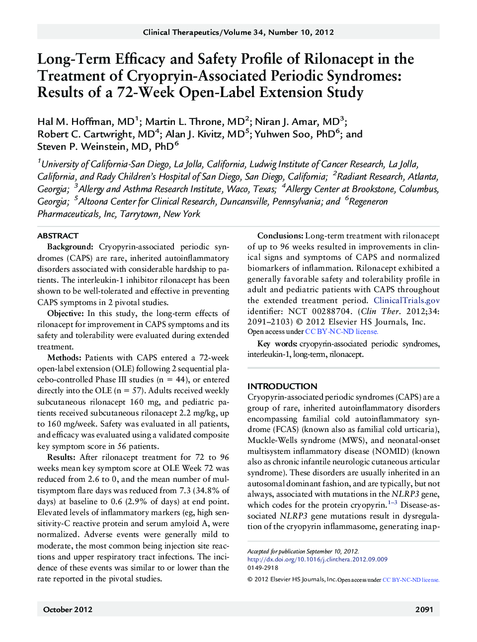 PharmacotherapyOriginal researchLong-Term Efficacy and Safety Profile of Rilonacept in the Treatment of Cryopryin-Associated Periodic Syndromes: Results of a 72-Week Open-Label Extension Study