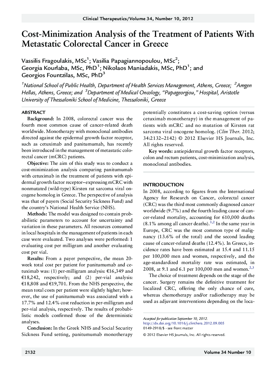 Cost-Minimization Analysis of the Treatment of Patients With Metastatic Colorectal Cancer in Greece