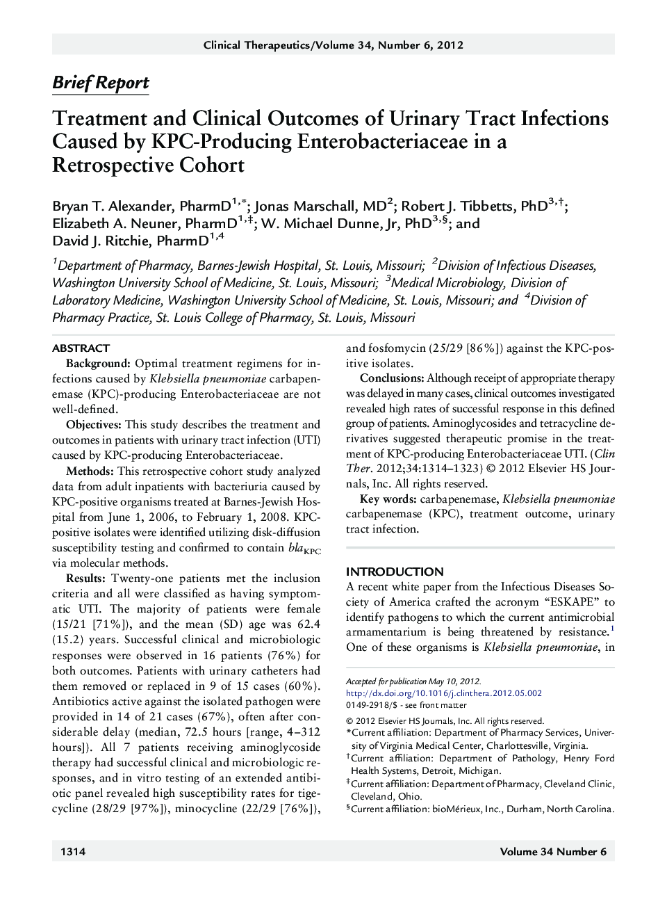 PharmacotherapyBrief reportTreatment and Clinical Outcomes of Urinary Tract Infections Caused by KPC-Producing Enterobacteriaceae in a Retrospective Cohort