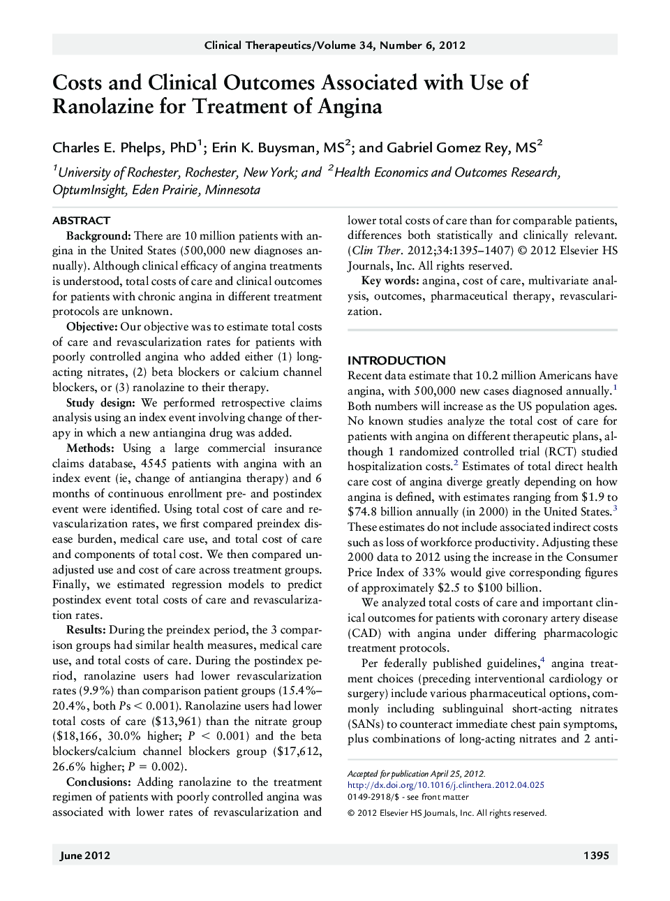 Costs and Clinical Outcomes Associated with Use of Ranolazine for Treatment of Angina