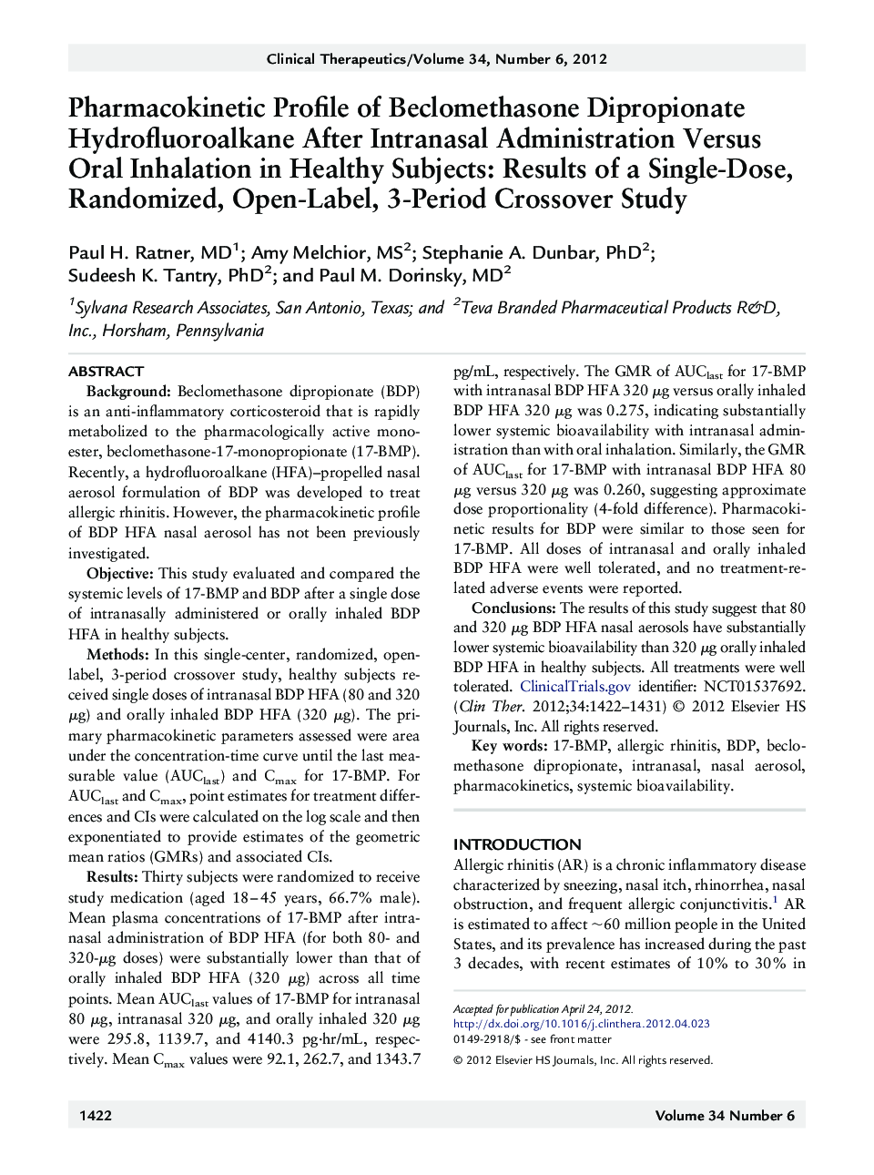 Pharmacokinetic Profile of Beclomethasone Dipropionate Hydrofluoroalkane After Intranasal Administration Versus Oral Inhalation in Healthy Subjects: Results of a Single-Dose, Randomized, Open-Label, 3-Period Crossover Study