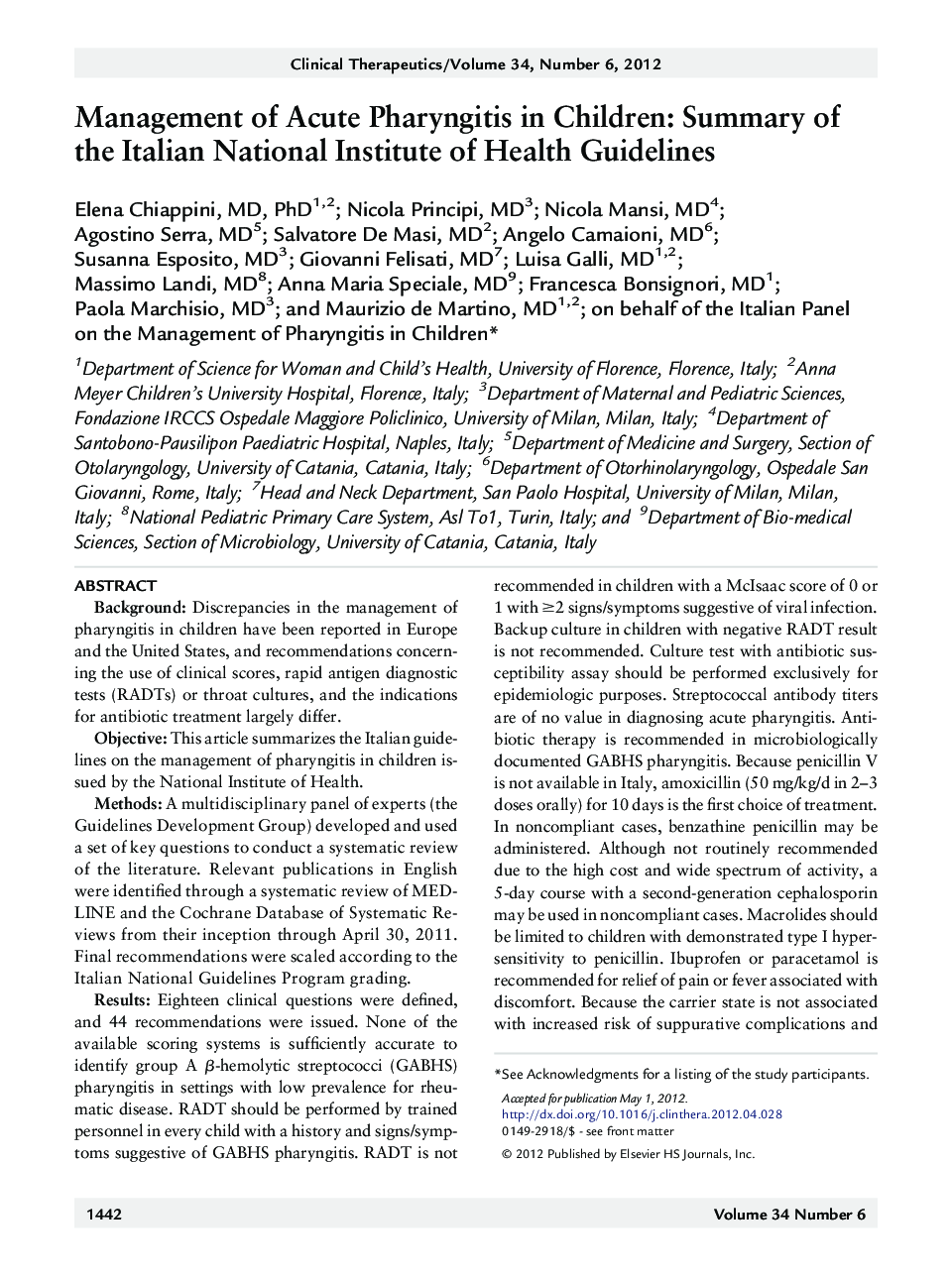 Pediatric, adolescent, & maternal therapeuticsReview articleManagement of Acute Pharyngitis in Children: Summary of the Italian National Institute of Health Guidelines