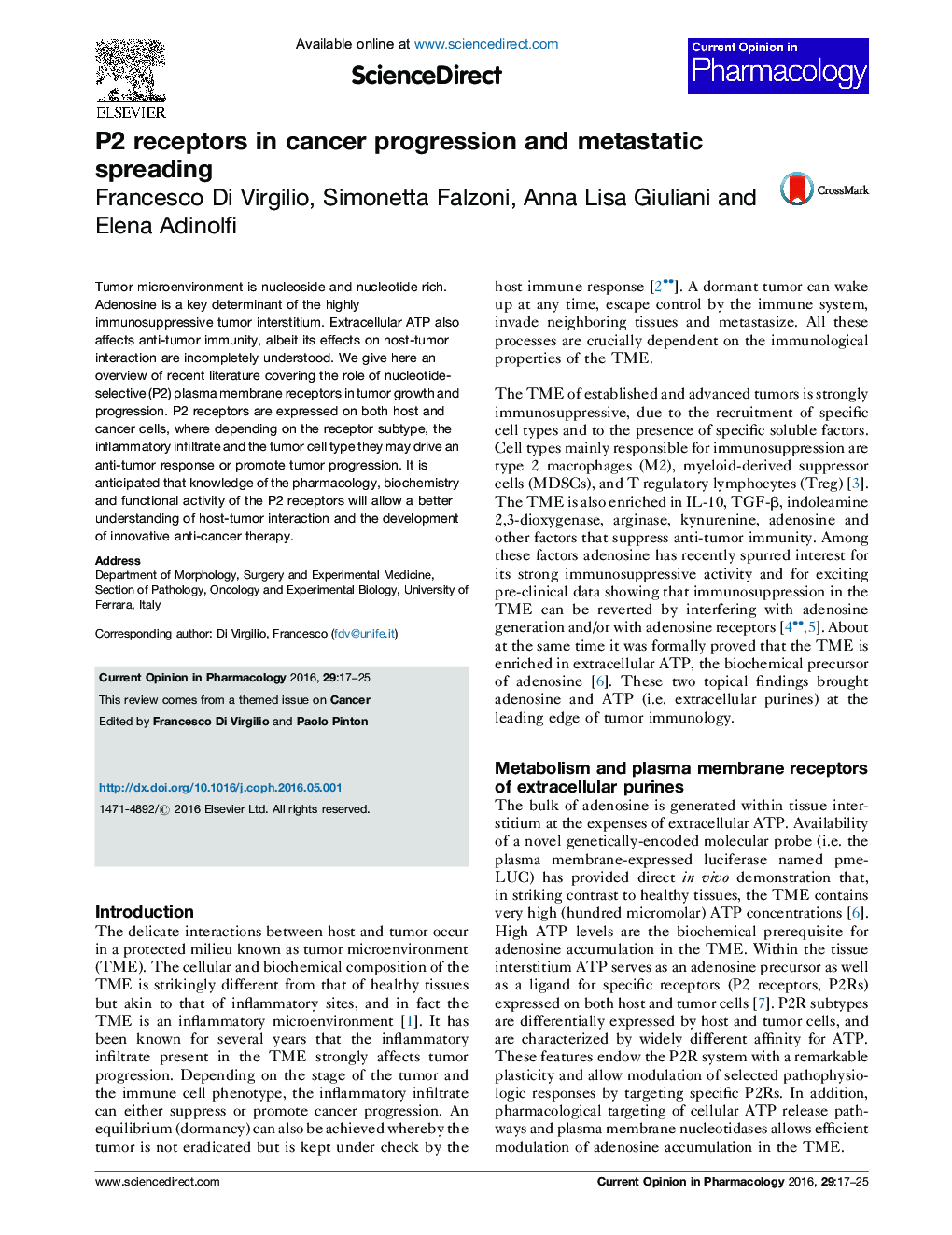 P2 receptors in cancer progression and metastatic spreading