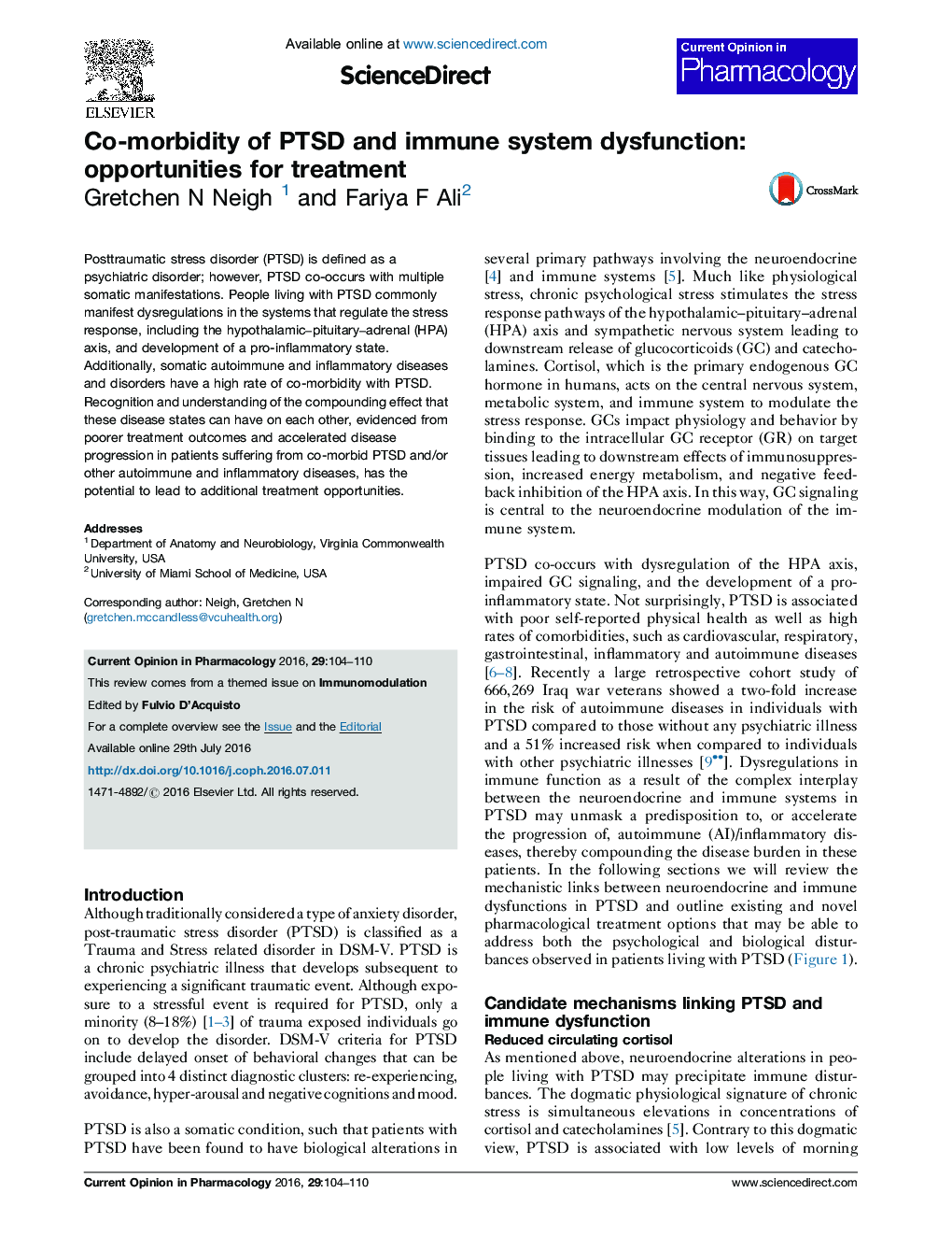 Co-morbidity of PTSD and immune system dysfunction: opportunities for treatment