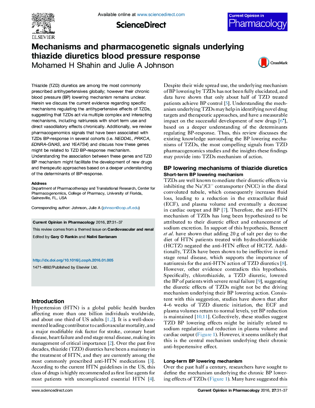 Mechanisms and pharmacogenetic signals underlying thiazide diuretics blood pressure response