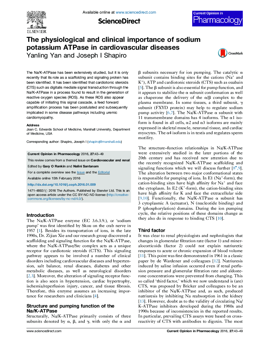 عکس صفحه اول مقاله: The physiological and clinical importance of sodium potassium ATPase in cardiovascular diseases The physiological and clinical importance of sodium potassium ATPase in cardiovascular diseases