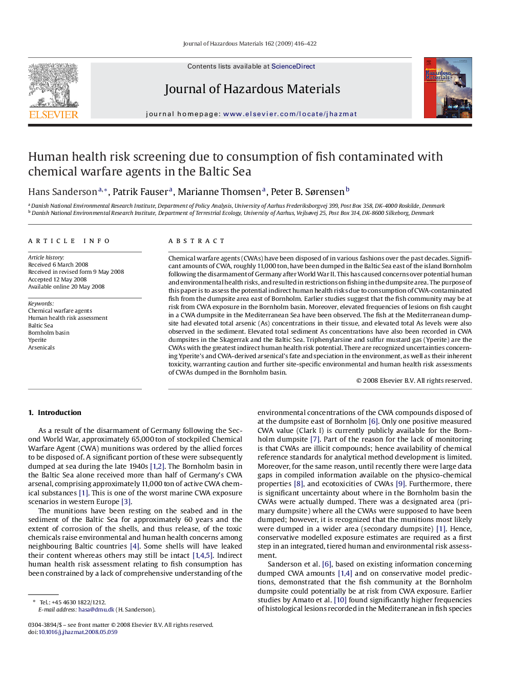 Human health risk screening due to consumption of fish contaminated with chemical warfare agents in the Baltic Sea