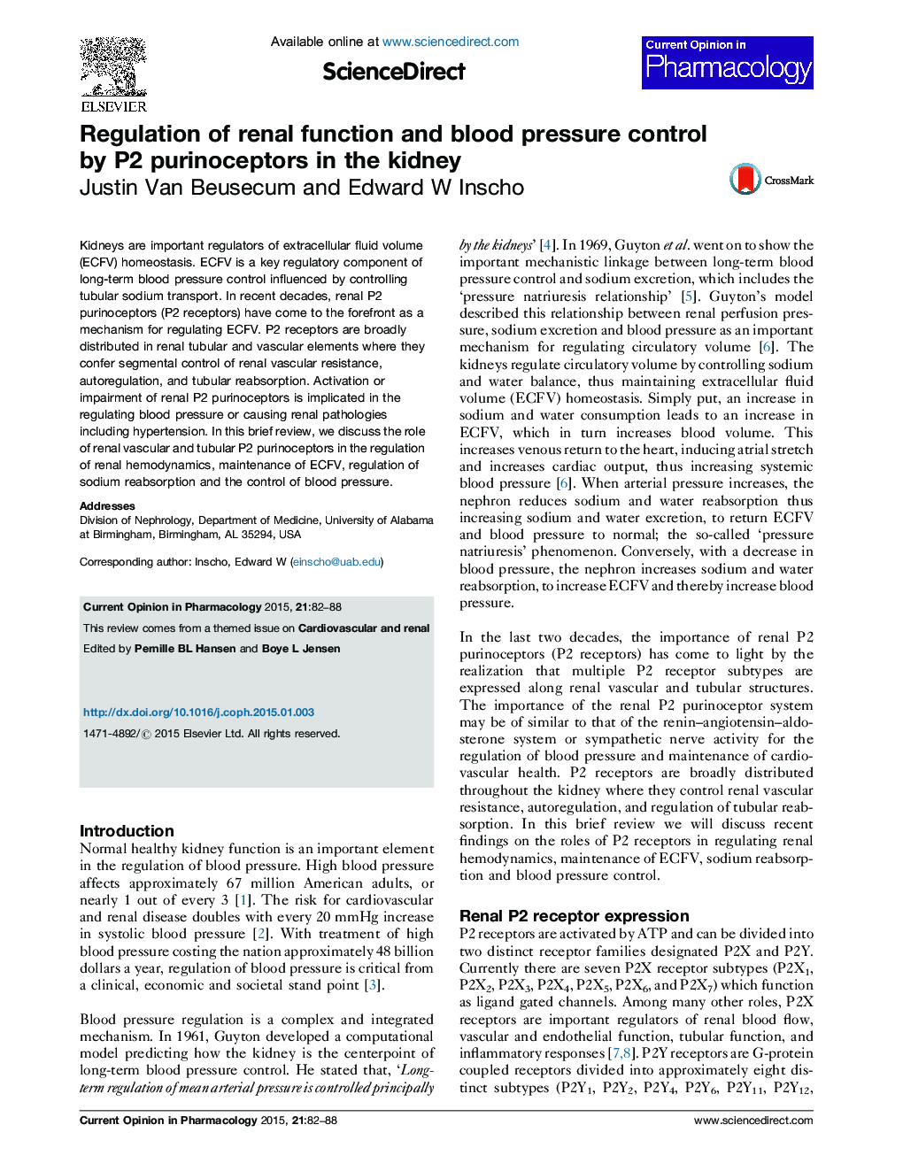 Regulation of renal function and blood pressure control by P2 purinoceptors in the kidney