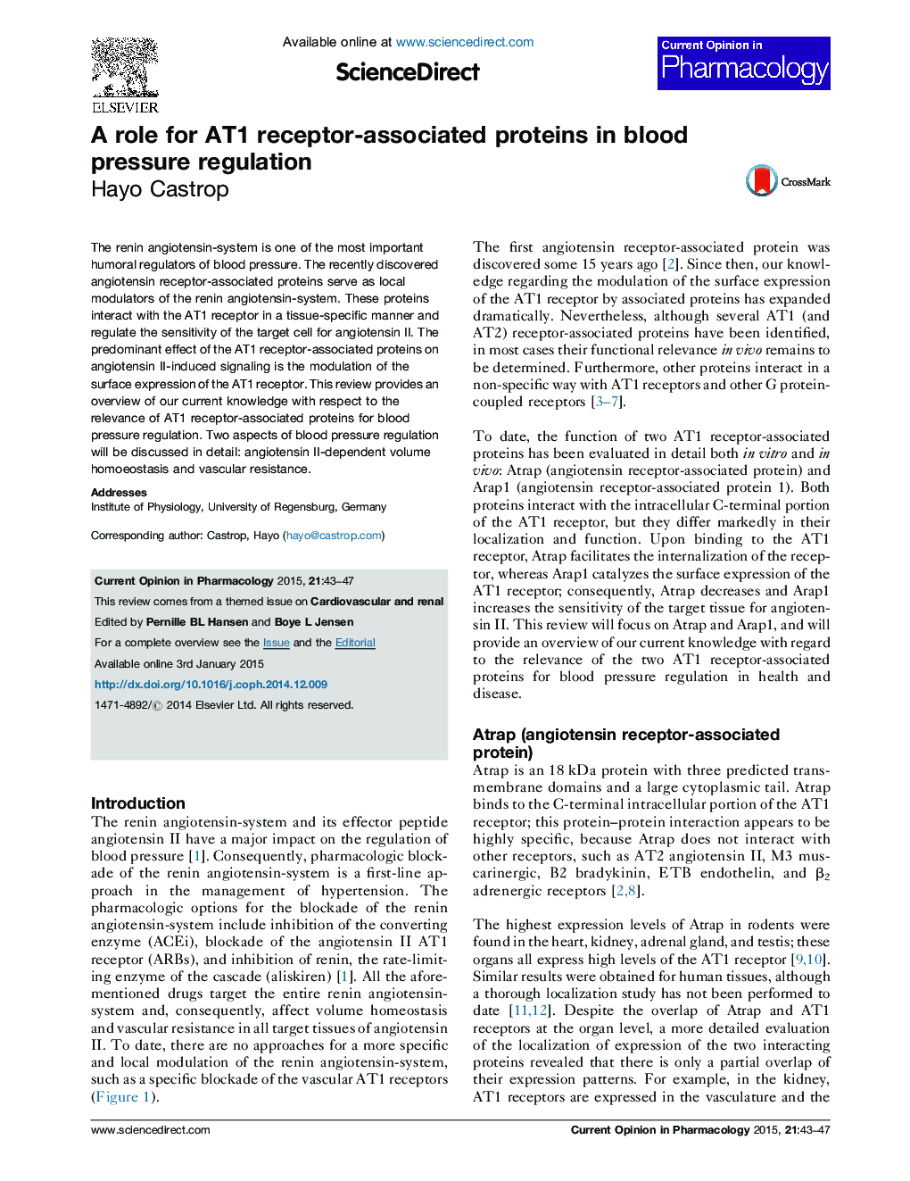 A role for AT1 receptor-associated proteins in blood pressure regulation