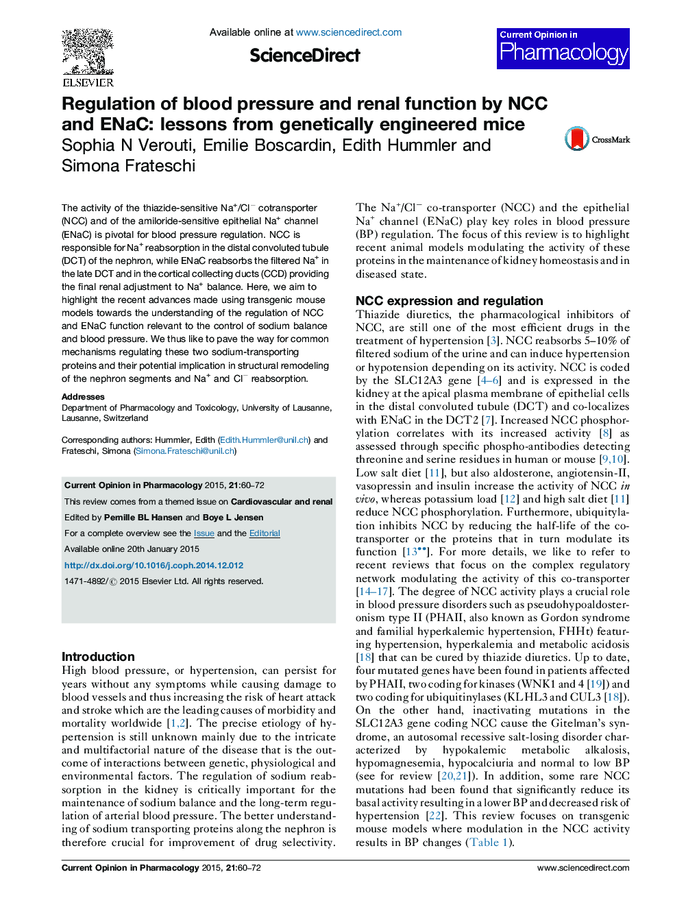 Regulation of blood pressure and renal function by NCC and ENaC: lessons from genetically engineered mice