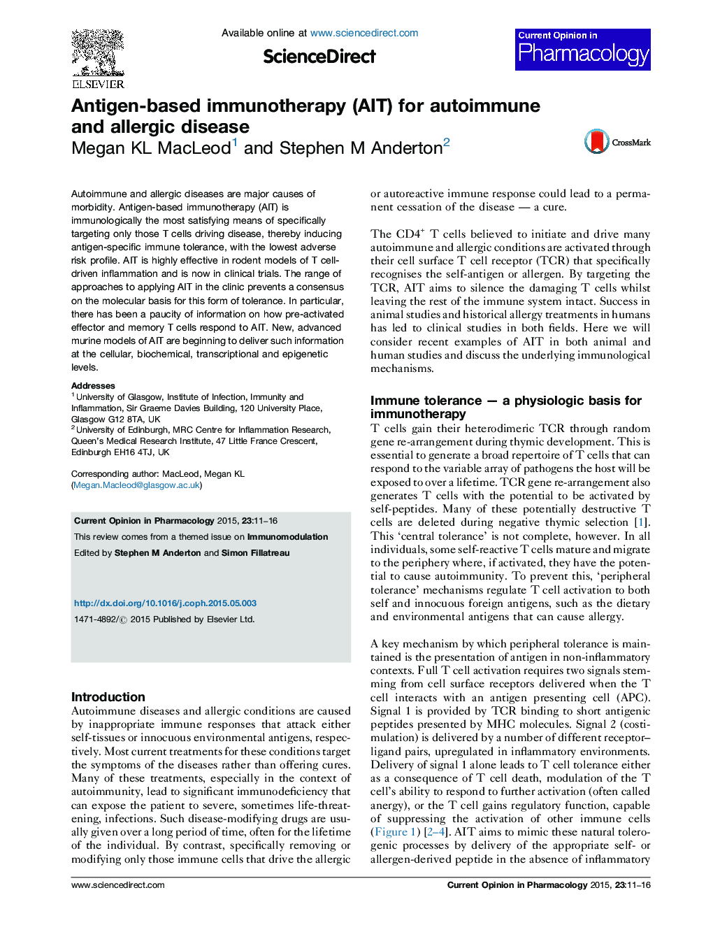 Antigen-based immunotherapy (AIT) for autoimmune and allergic disease