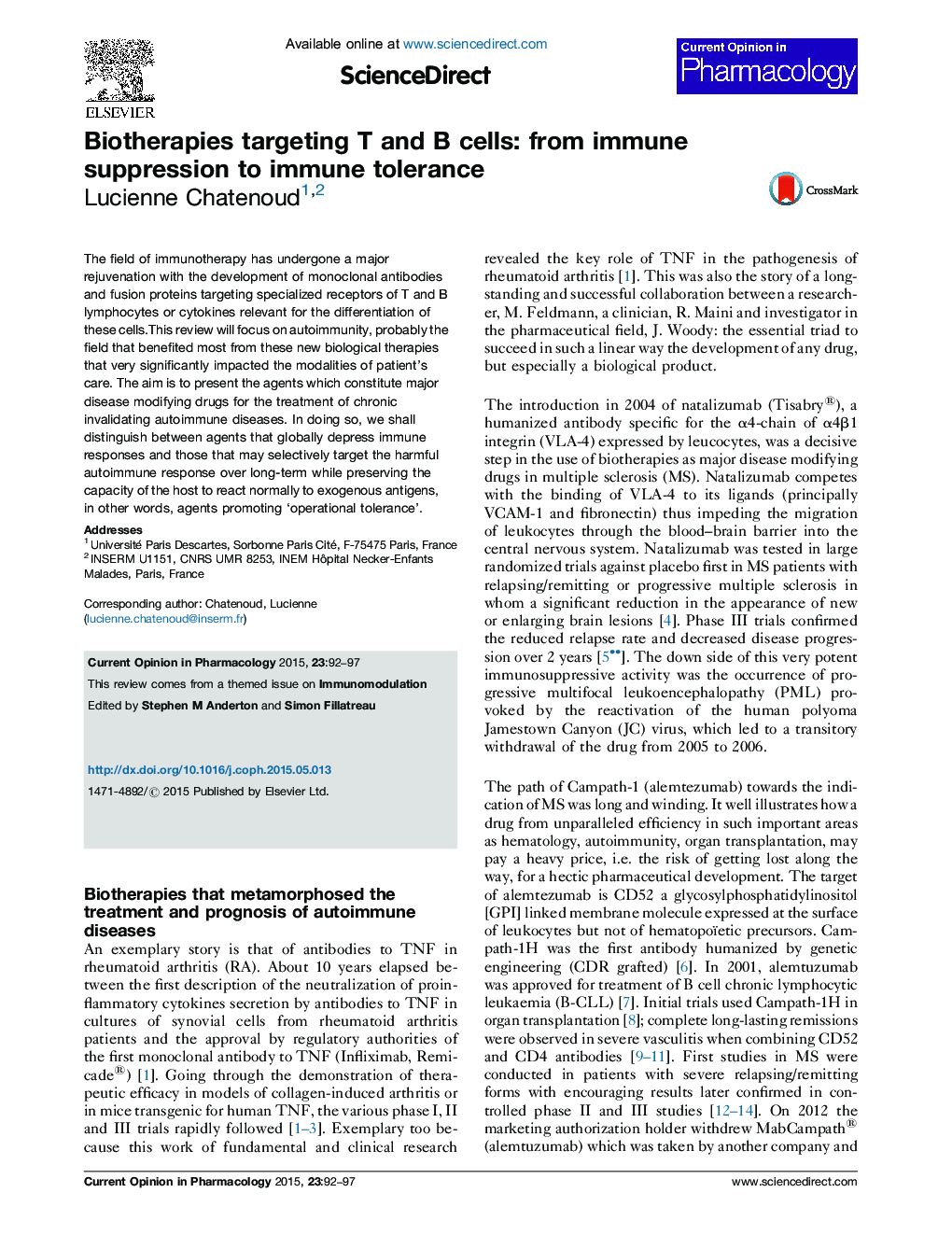 Biotherapies targeting T and B cells: from immune suppression to immune tolerance