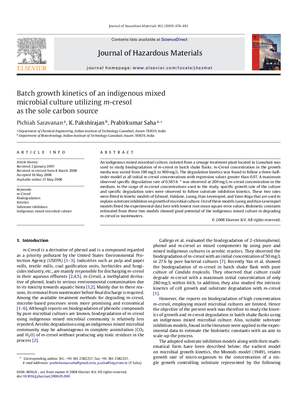 Batch growth kinetics of an indigenous mixed microbial culture utilizing m-cresol as the sole carbon source