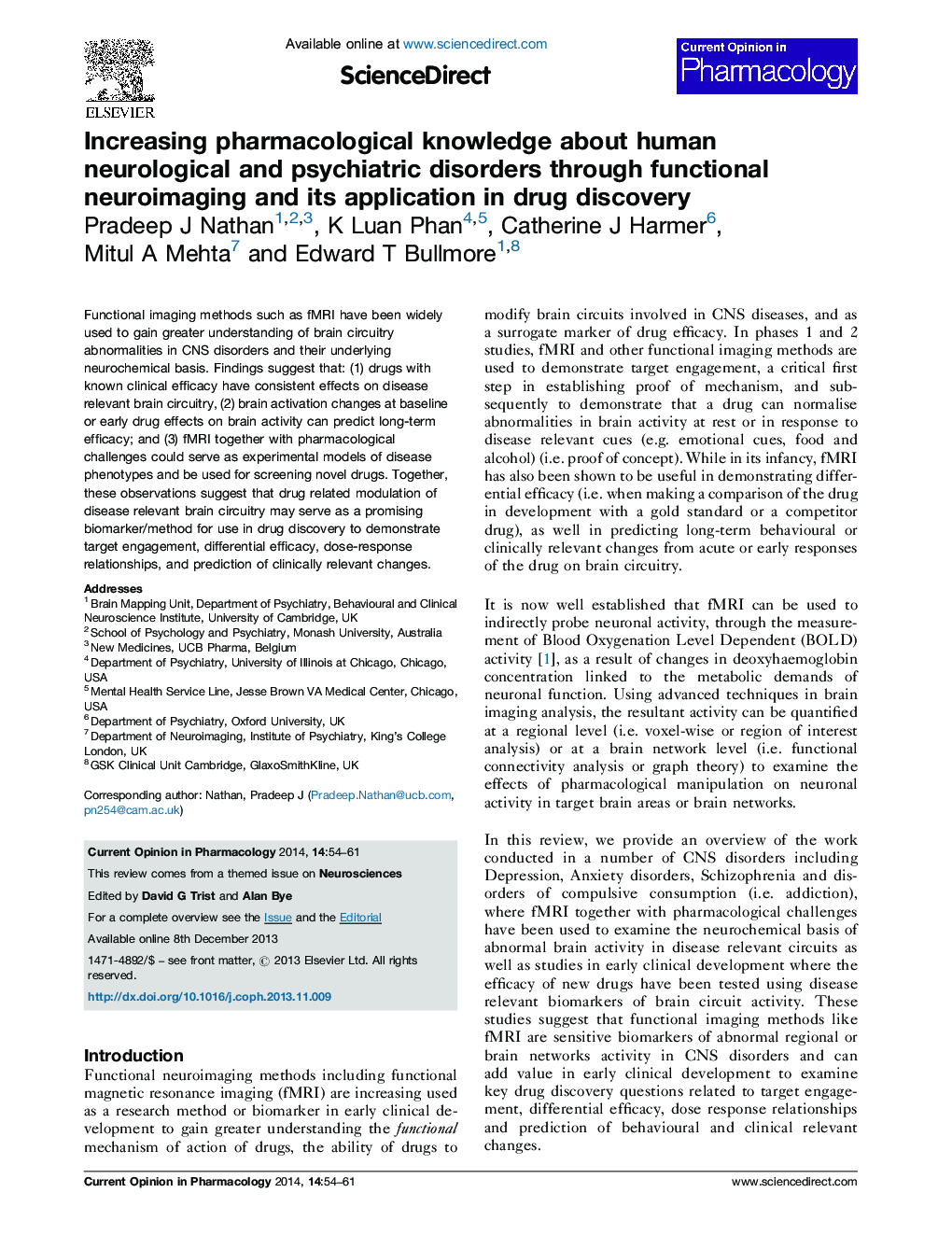 Increasing pharmacological knowledge about human neurological and psychiatric disorders through functional neuroimaging and its application in drug discovery