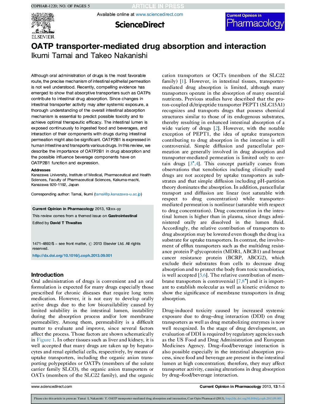 OATP transporter-mediated drug absorption and interaction