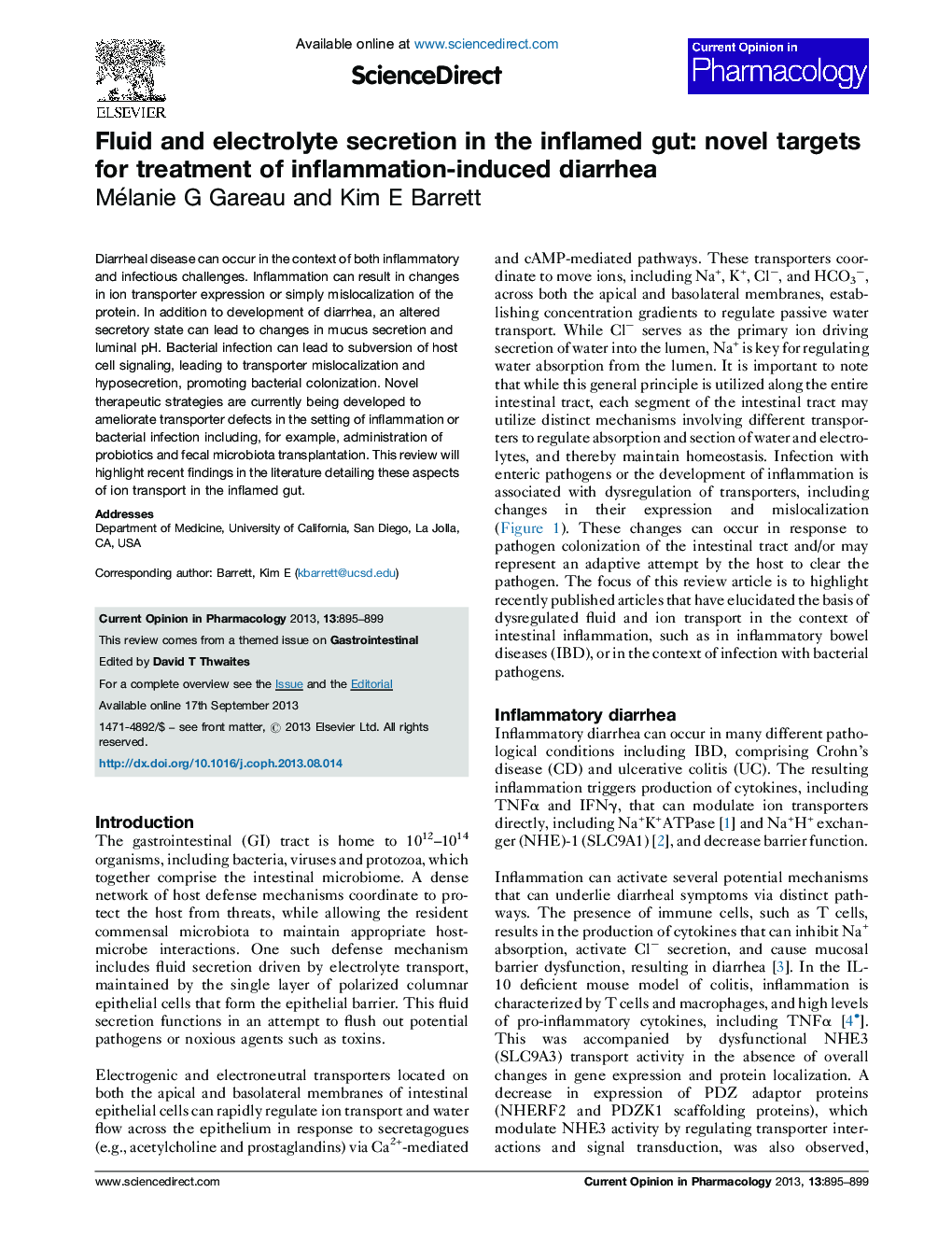 Fluid and electrolyte secretion in the inflamed gut: novel targets for treatment of inflammation-induced diarrhea