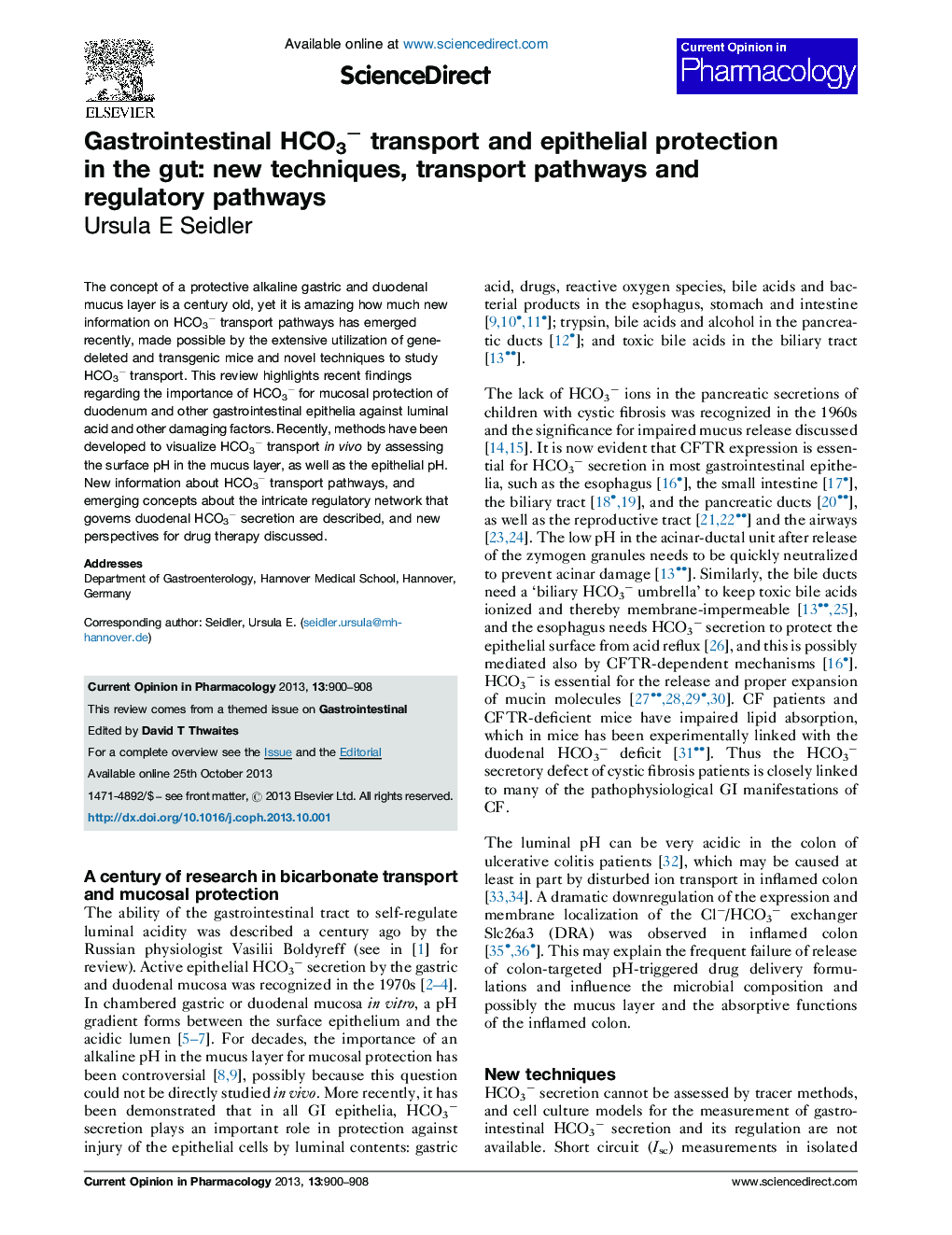 Gastrointestinal HCO3â transport and epithelial protection in the gut: new techniques, transport pathways and regulatory pathways