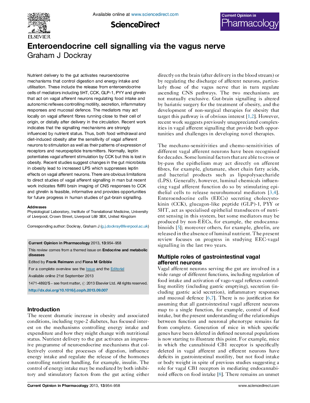 Enteroendocrine cell signalling via the vagus nerve
