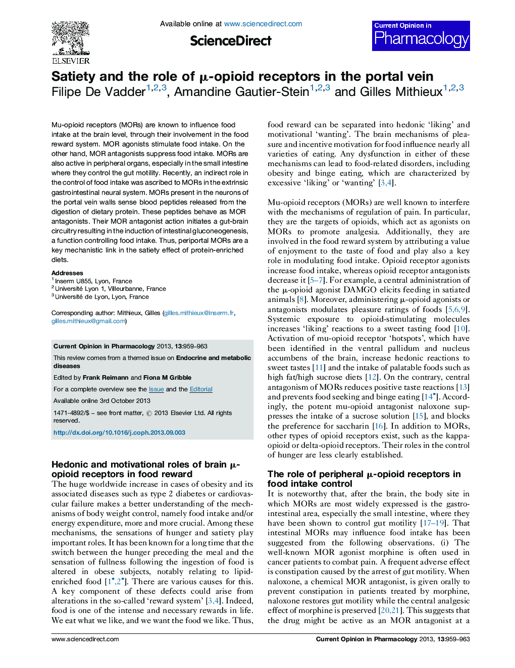 Satiety and the role of Î¼-opioid receptors in the portal vein