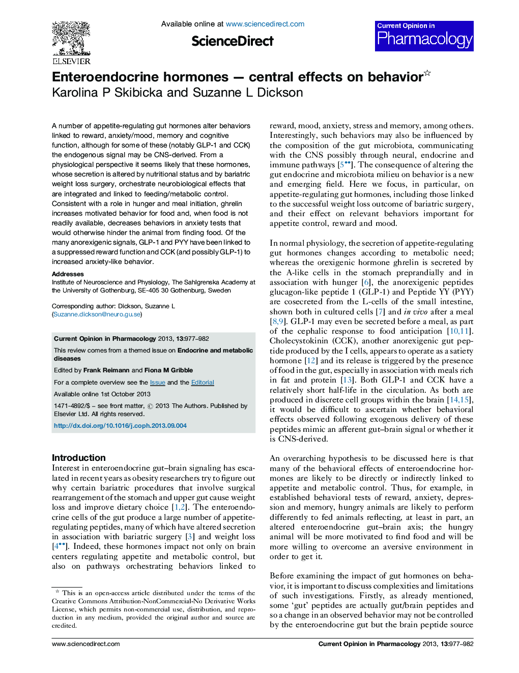 Enteroendocrine hormonesÂ -Â central effects on behavior