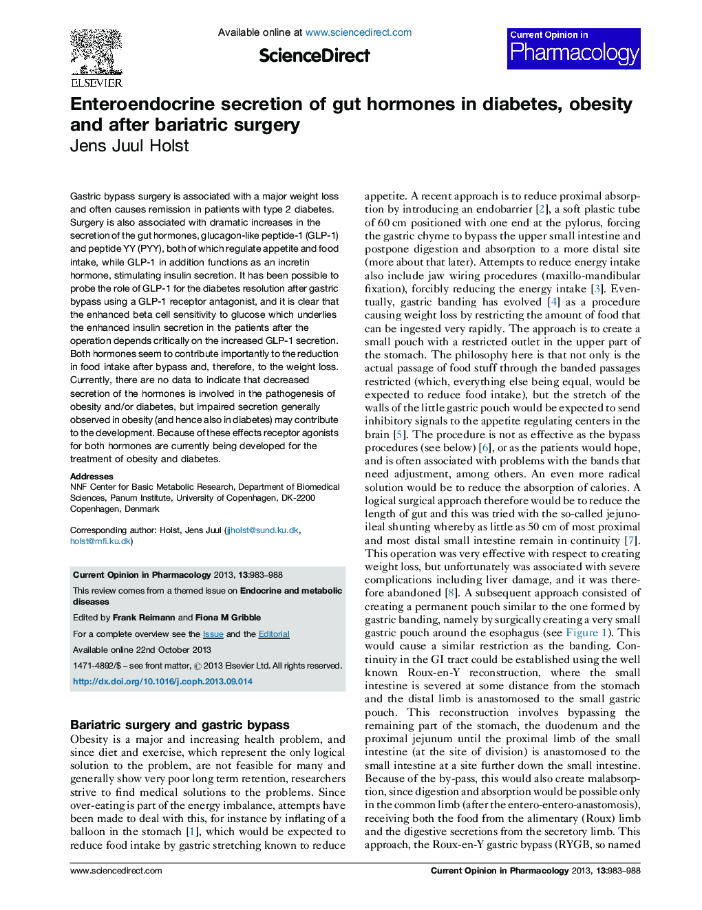 Enteroendocrine secretion of gut hormones in diabetes, obesity and after bariatric surgery