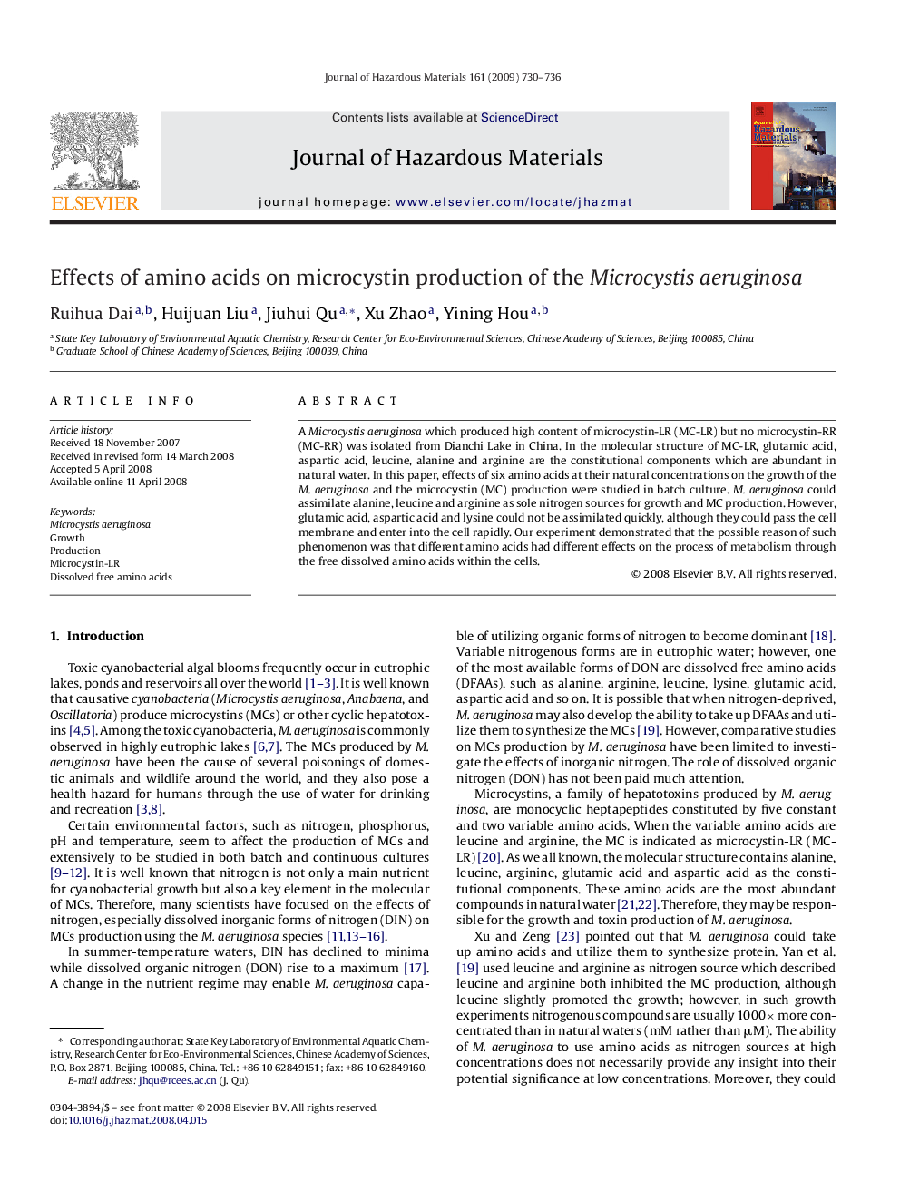 Effects of amino acids on microcystin production of the Microcystis aeruginosa