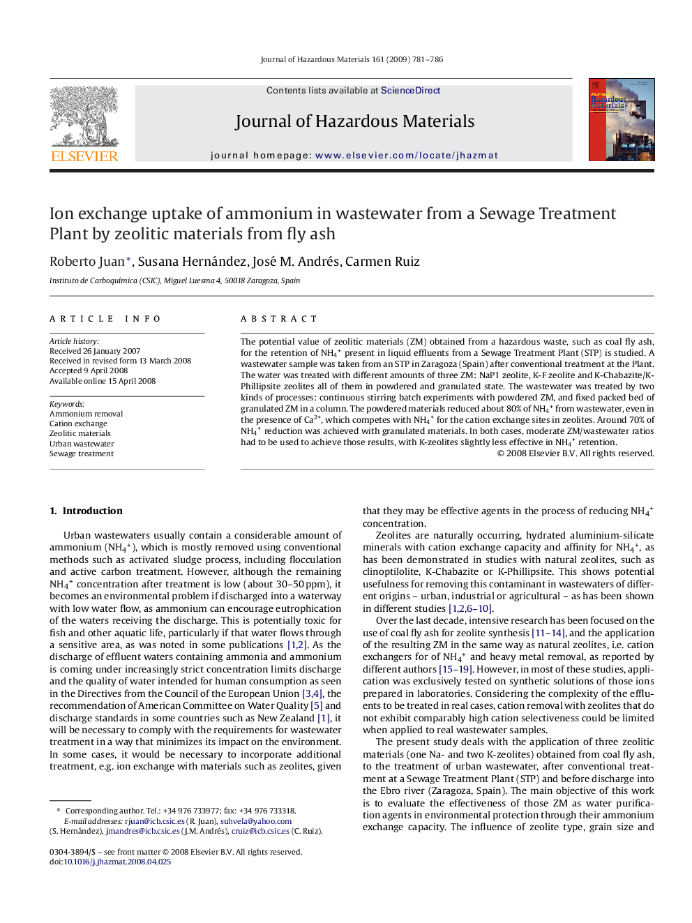 Ion exchange uptake of ammonium in wastewater from a Sewage Treatment Plant by zeolitic materials from fly ash