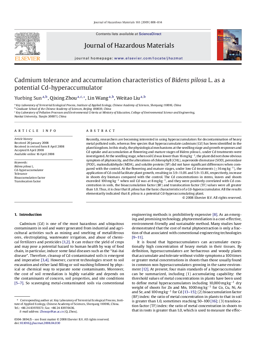 Cadmium tolerance and accumulation characteristics of Bidens pilosa L. as a potential Cd-hyperaccumulator