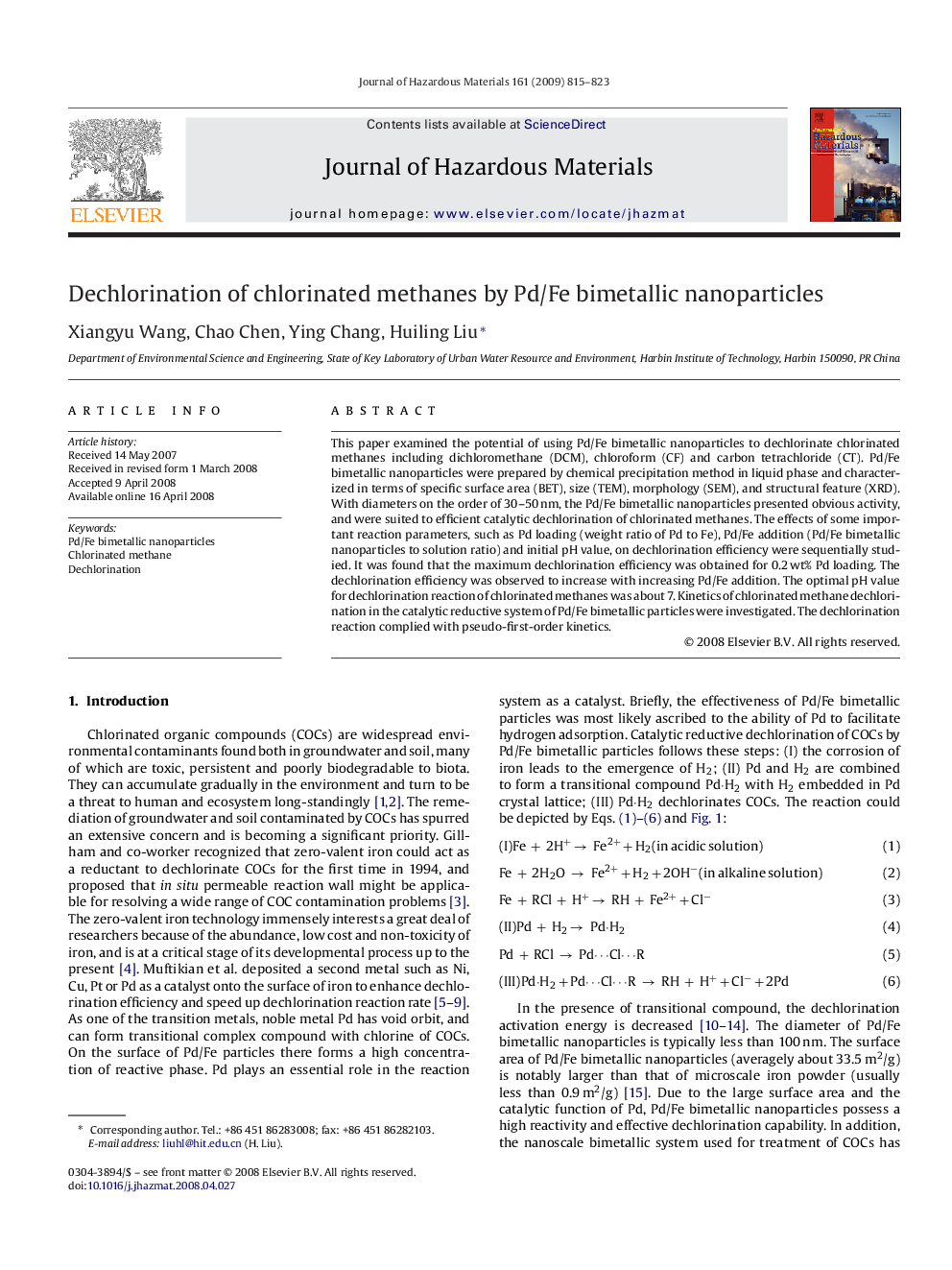 Dechlorination of chlorinated methanes by Pd/Fe bimetallic nanoparticles