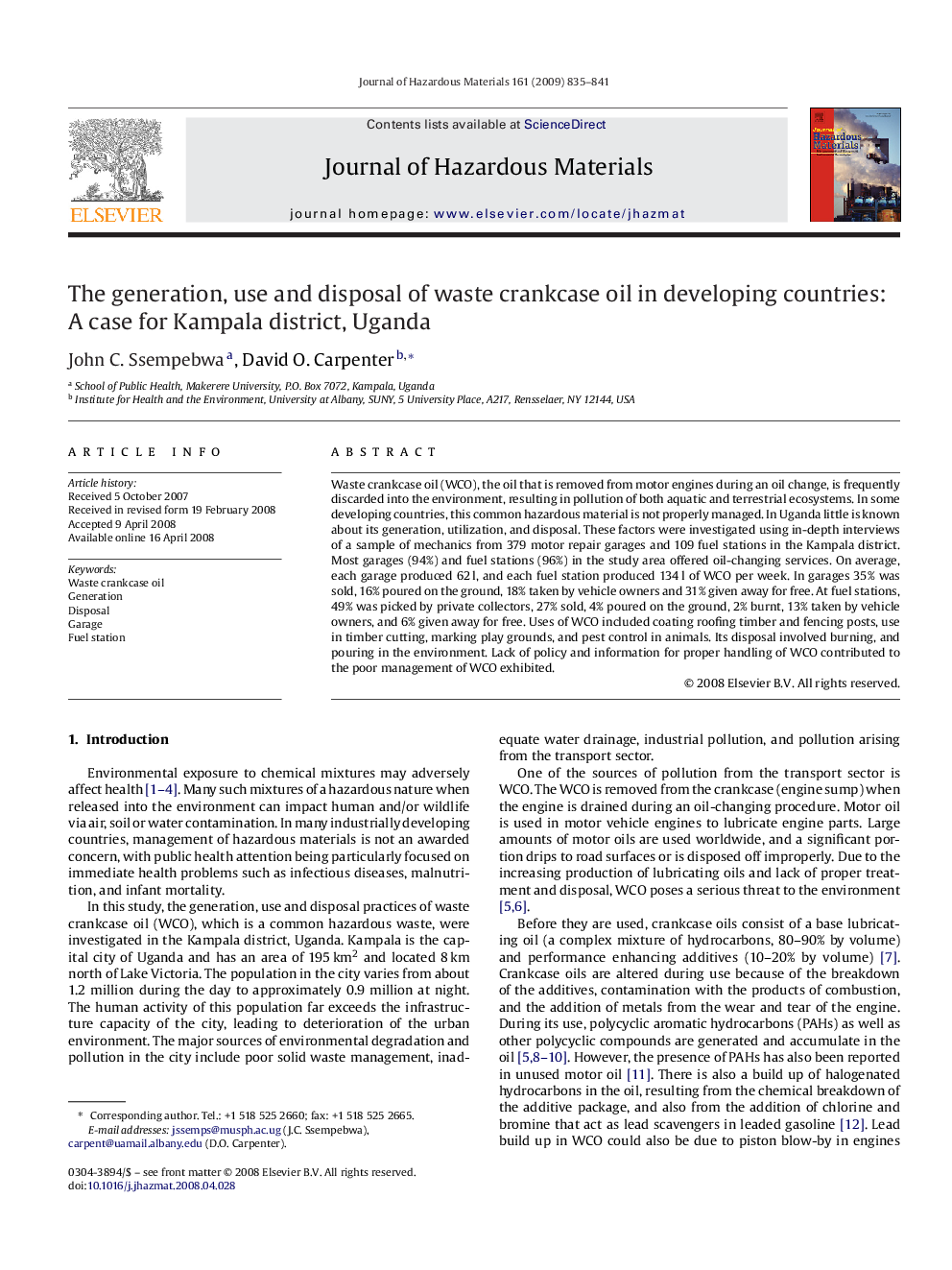 The generation, use and disposal of waste crankcase oil in developing countries: A case for Kampala district, Uganda