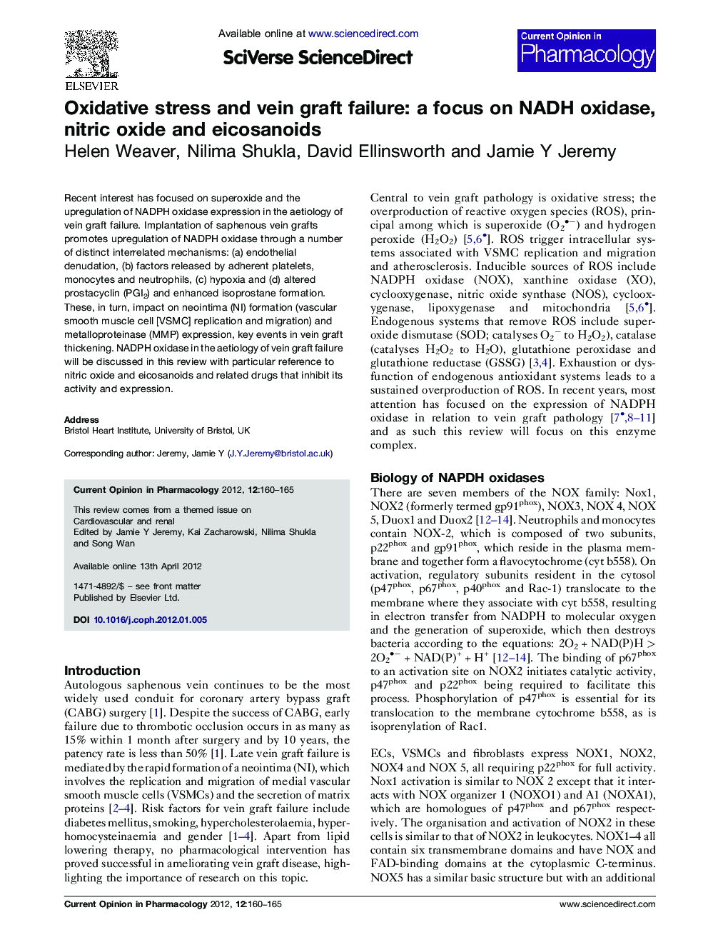 Oxidative stress and vein graft failure: a focus on NADH oxidase, nitric oxide and eicosanoids