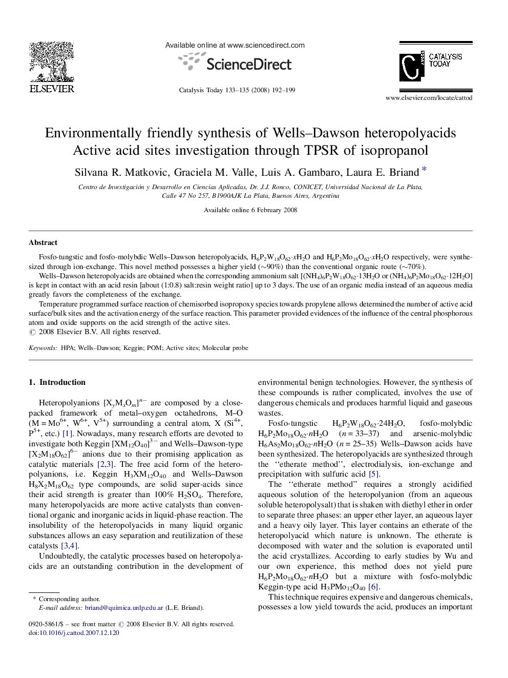 Environmentally friendly synthesis of Wells–Dawson heteropolyacids: Active acid sites investigation through TPSR of isopropanol