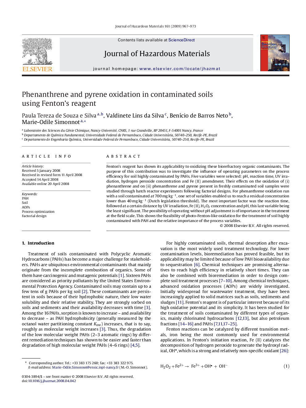 Phenanthrene and pyrene oxidation in contaminated soils using Fenton's reagent