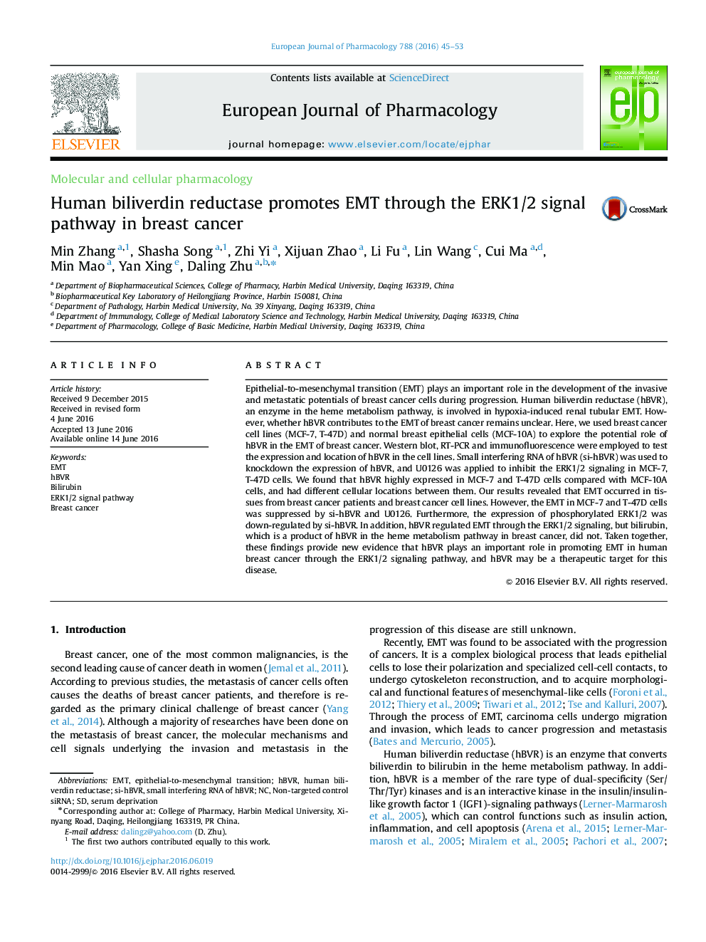 Molecular and cellular pharmacologyHuman biliverdin reductase promotes EMT through the ERK1/2 signal pathway in breast cancer