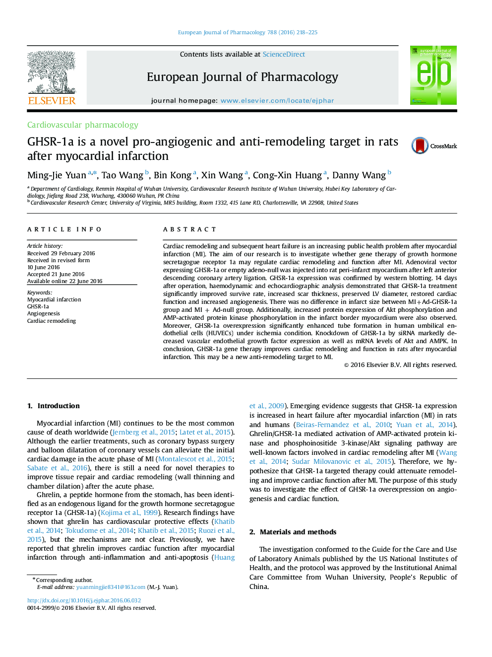 GHSR-1a is a novel pro-angiogenic and anti-remodeling target in rats after myocardial infarction