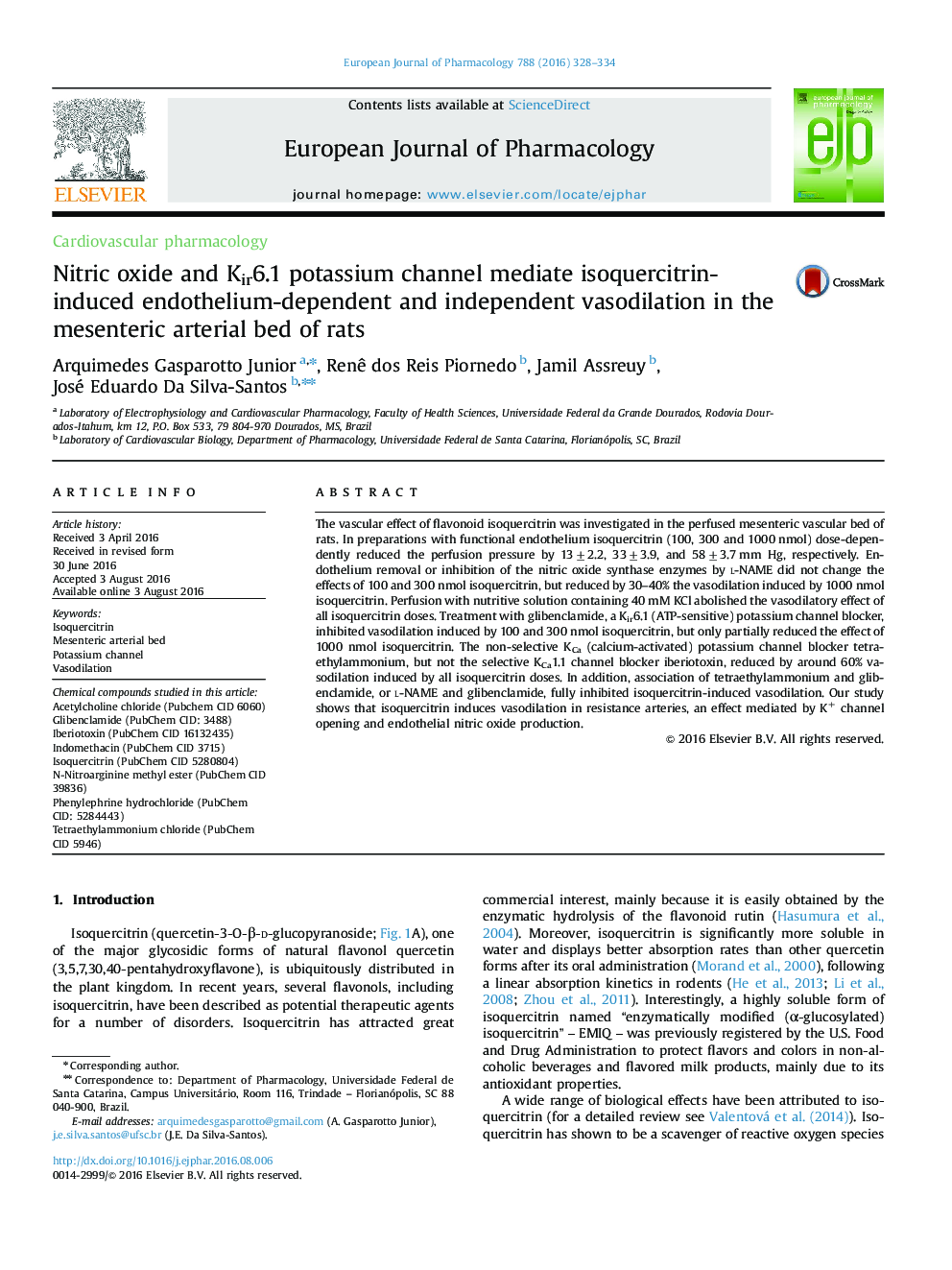 Nitric oxide and Kir6.1 potassium channel mediate isoquercitrin-induced endothelium-dependent and independent vasodilation in the mesenteric arterial bed of rats