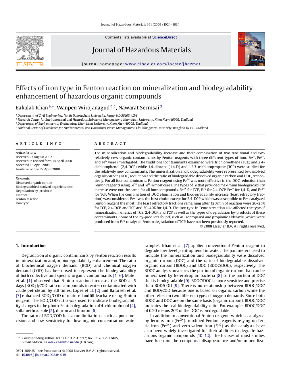 Effects of iron type in Fenton reaction on mineralization and biodegradability enhancement of hazardous organic compounds