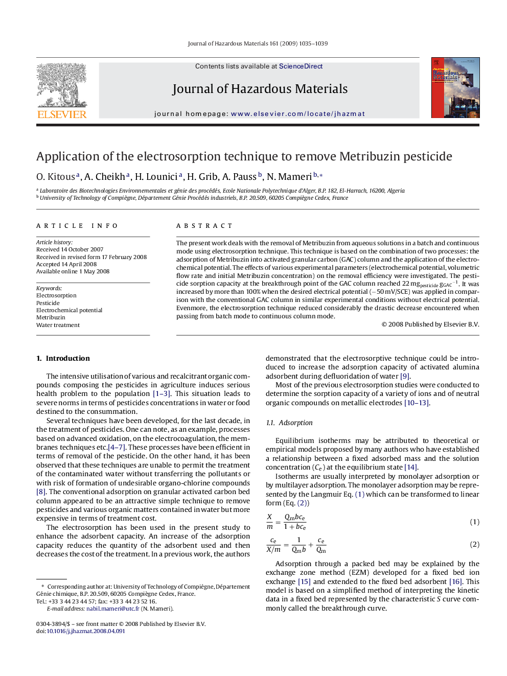 Application of the electrosorption technique to remove Metribuzin pesticide