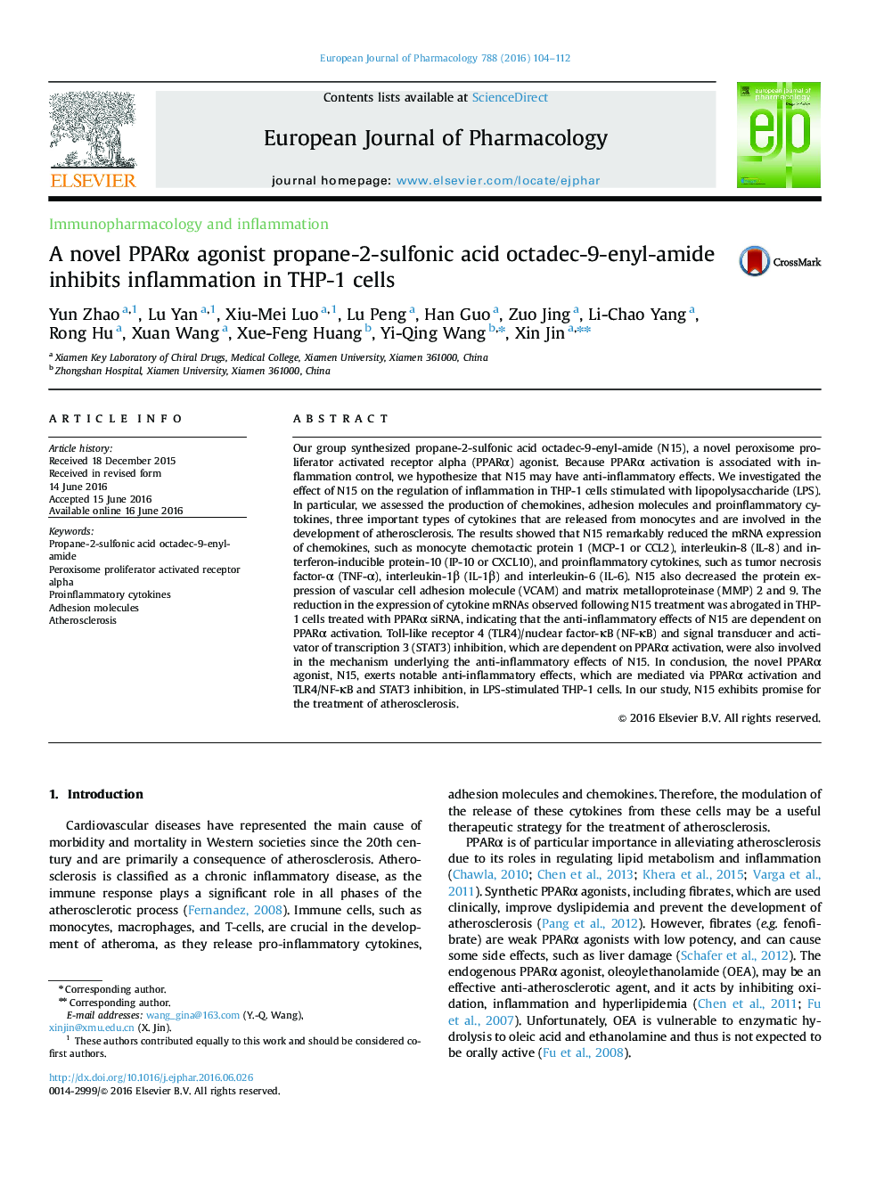 A novel PPARÎ± agonist propane-2-sulfonic acid octadec-9-enyl-amide inhibits inflammation in THP-1 cells