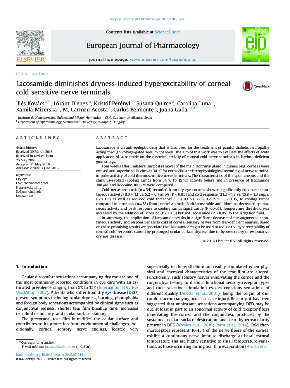 Lacosamide diminishes dryness-induced hyperexcitability of corneal cold sensitive nerve terminals