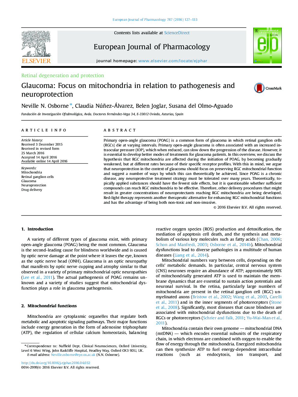 Glaucoma: Focus on mitochondria in relation to pathogenesis and neuroprotection