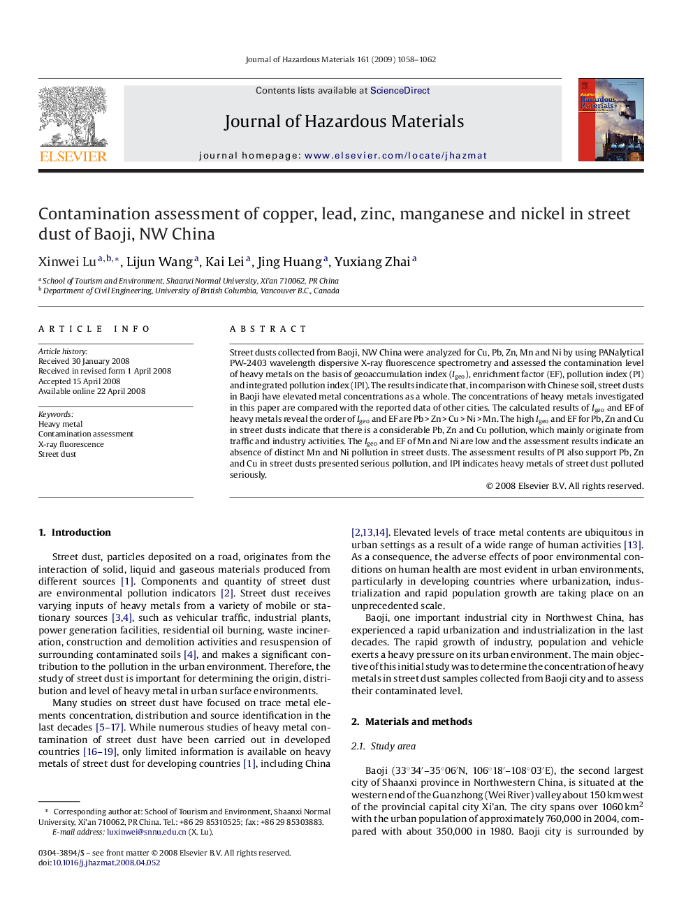 Contamination assessment of copper, lead, zinc, manganese and nickel in street dust of Baoji, NW China