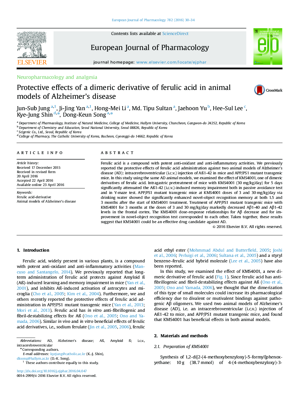 Protective effects of a dimeric derivative of ferulic acid in animal models of Alzheimer's disease