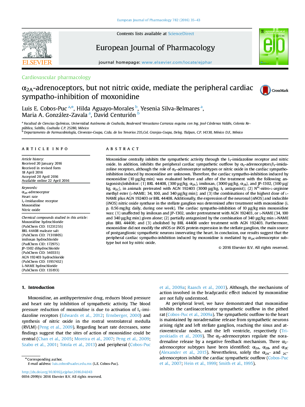 Î±2A-adrenoceptors, but not nitric oxide, mediate the peripheral cardiac sympatho-inhibition of moxonidine